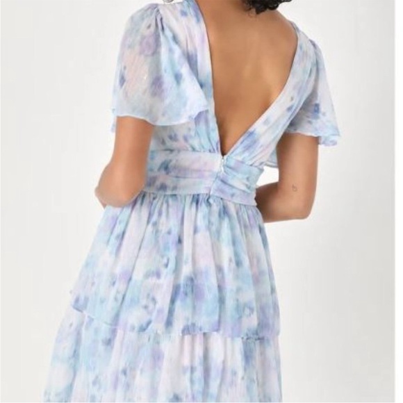 Sunny Evenings Blue Multi Lurex Flutter Sleeve Mini Dress Lulus medium - Picture 2 of 9